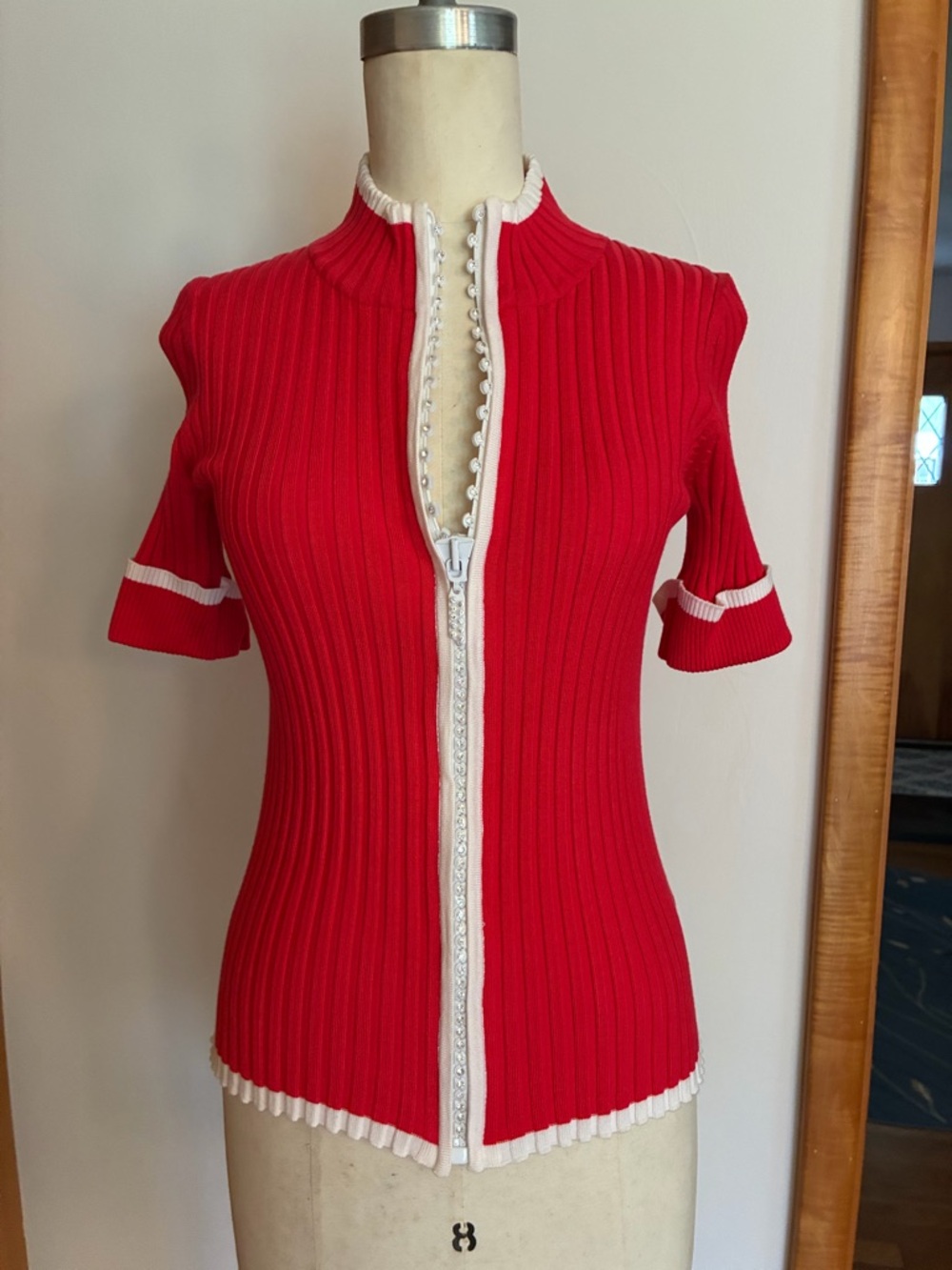 Belldini Coral Knit Cardigan Rhinestone Embellished Zipper White Trim Red Pink